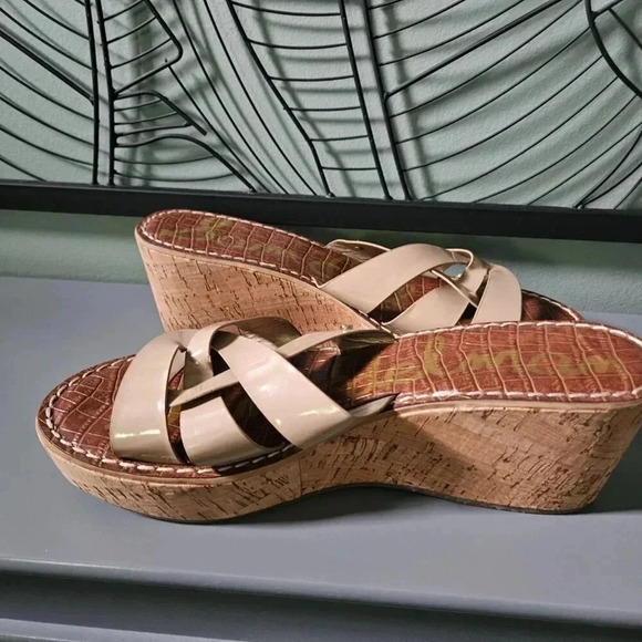 Sam Edelman |  Raynere Patent Cork Wedge Nude Slip On Sandals - Picture 7 of 16